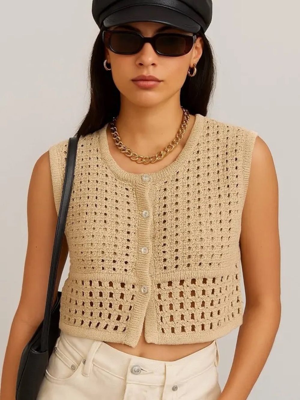 HOUSE OF HARLOW Beige Crochet Knit Sleeveless Vest! 🐚
